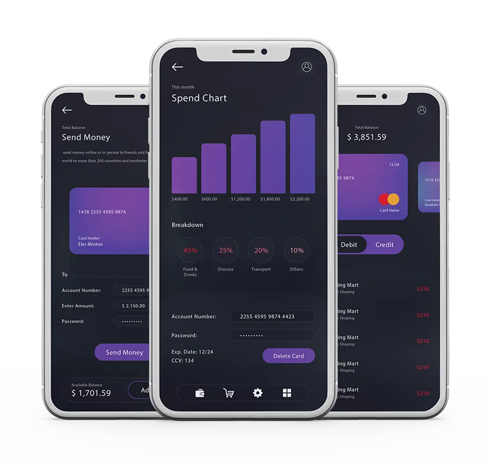 Three smartphones with identical app screens,