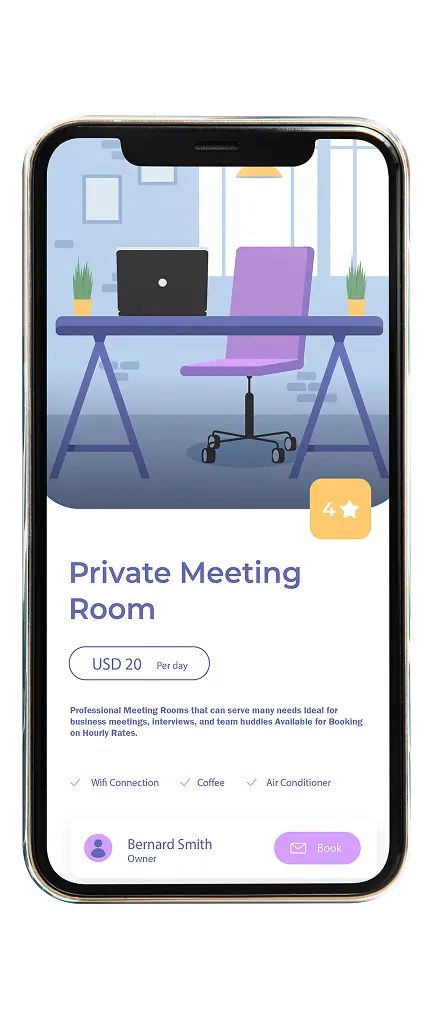Visual of a private meeting room app showing user settings,
