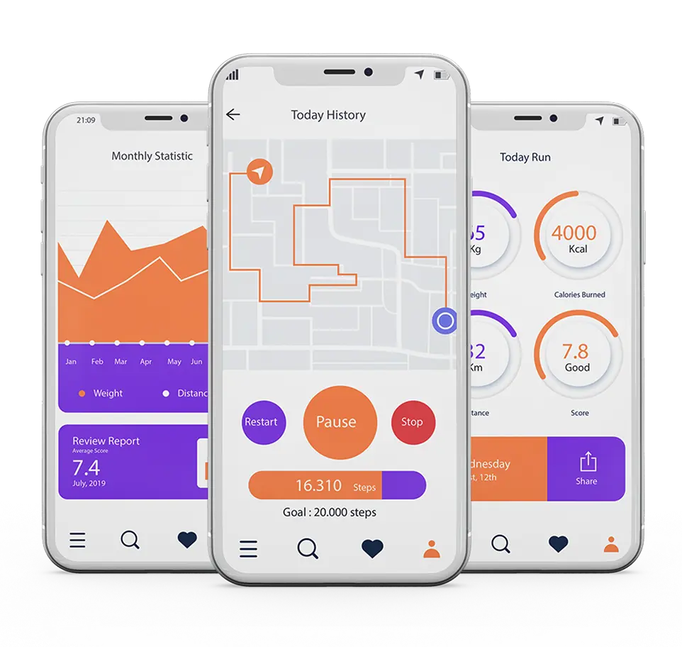 Three smartphones displaying various app