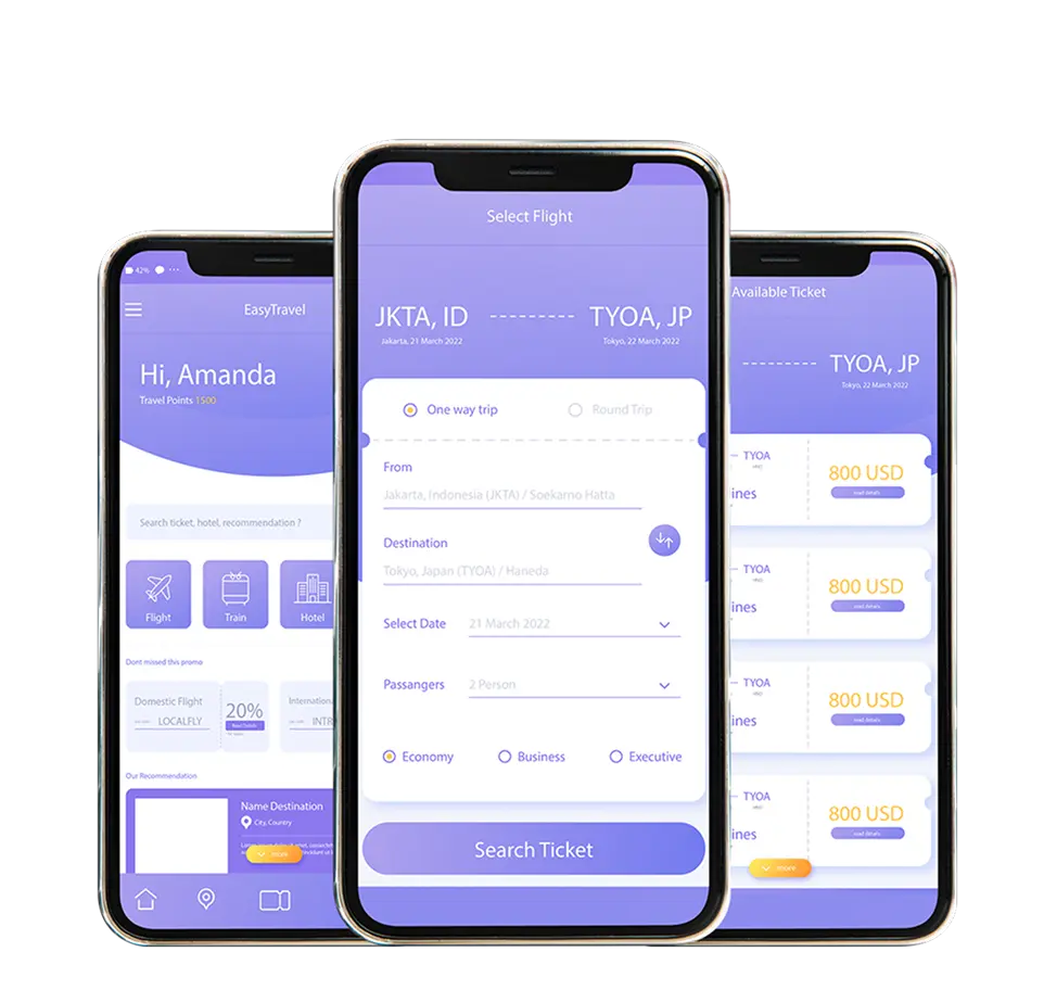 Three smartphones with identical app screens