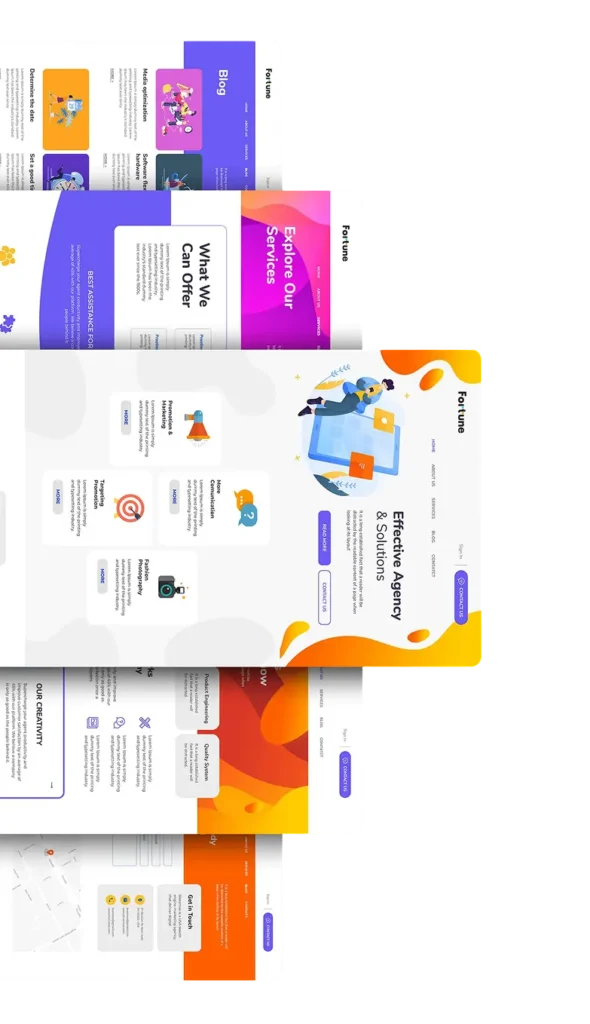 Multiple web pages in bright colors,