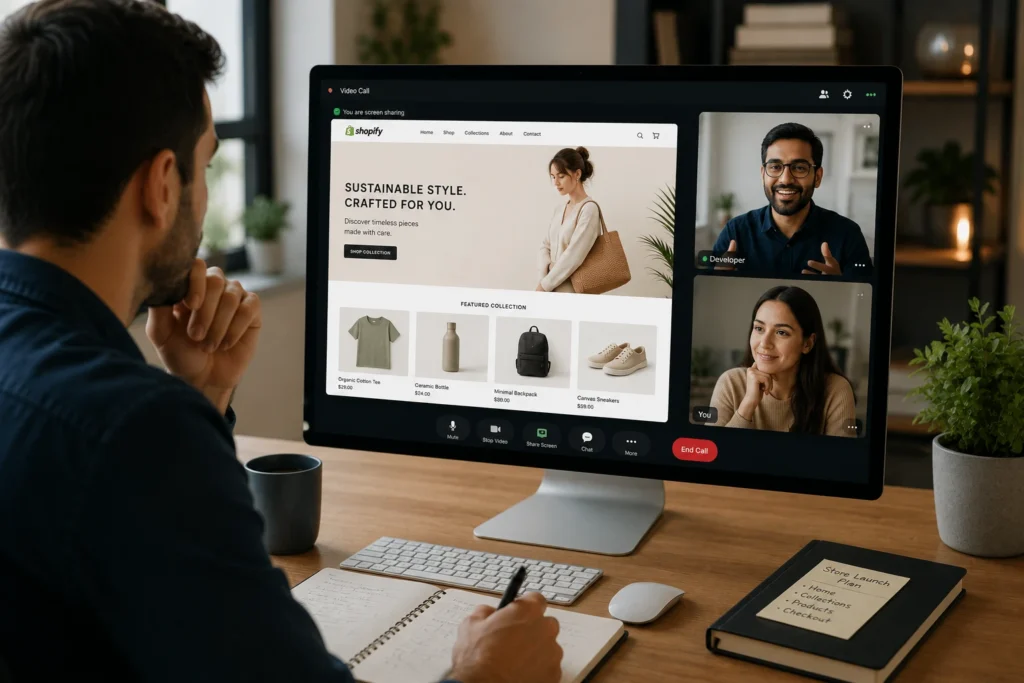 small business owner interviewing a Shopify development agency