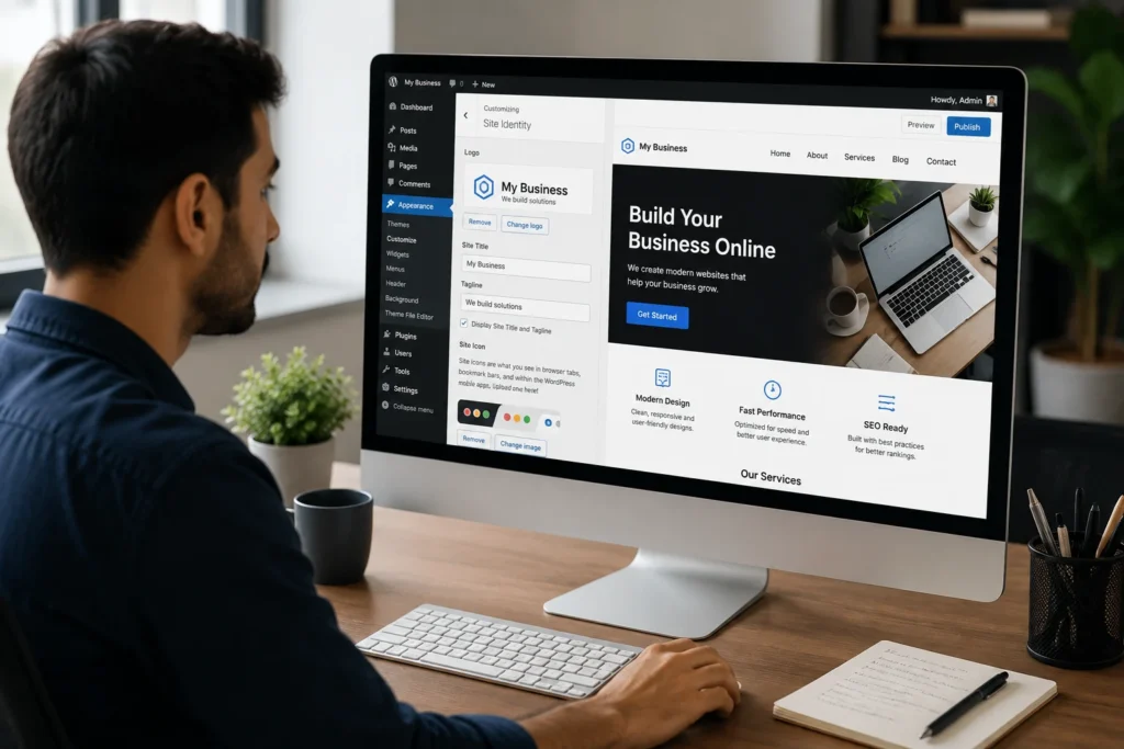 small business owner using WordPress CMS dashboard in 2026