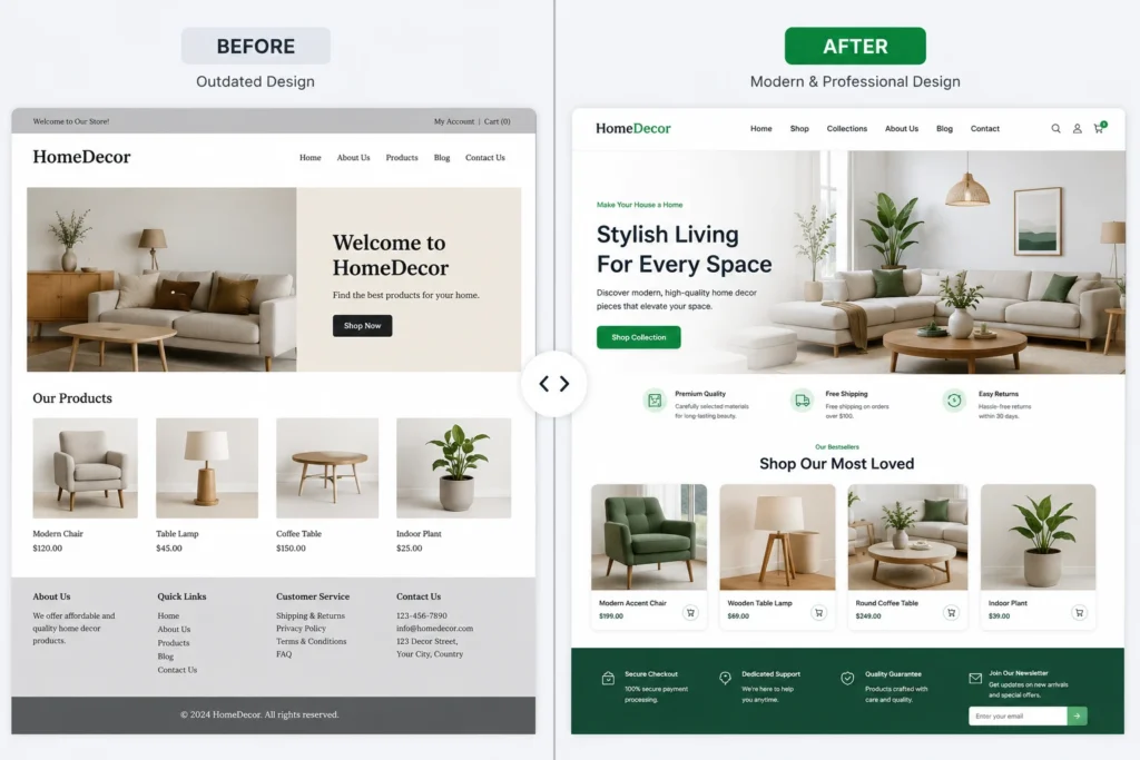website redesign process before and after homepage comparison